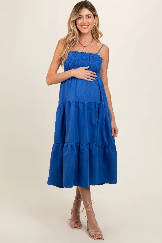 Maternity dress for a baby's first visit to the orchard Royal Blue Smocked Cut-Out Back Tiered Maternity Midi Dress
