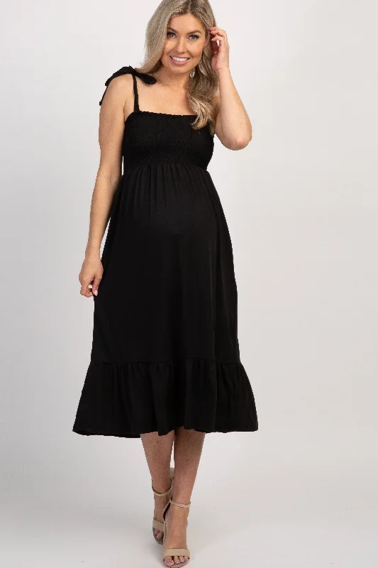 Maternity dress for a spring flower show Black Solid Self-Tie Smocked Maternity Midi Dress Maternity dress for a spring flower show Black Solid Self-Tie Smocked Maternity Midi Dress