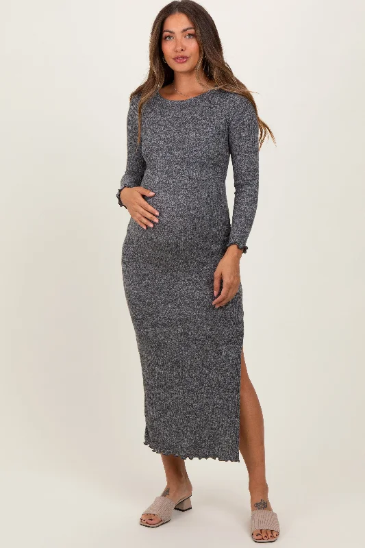 Maternity dress for a movie night out Charcoal Knit Side Slit Lettuce Trim Maternity Maxi Dress Maternity dress for a movie night out Charcoal Knit Side Slit Lettuce Trim Maternity Maxi Dress