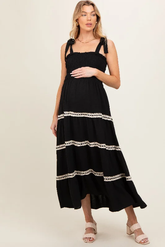 Maternity dress for a baby's first visit to the water garden Black Smocked Maternity Maxi Dress
