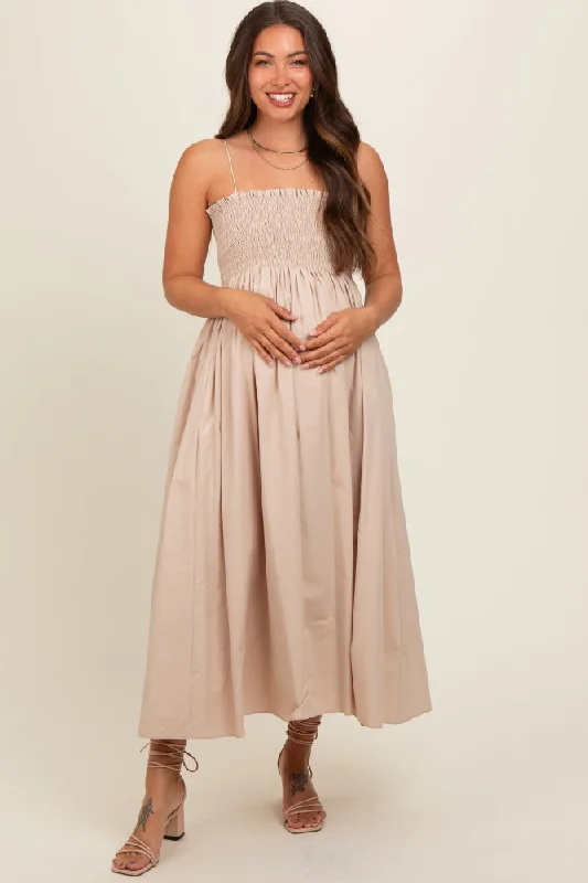Maternity dress for maternity yoga classes Beige Smocked Pocketed Maternity Midi Dress Maternity dress for maternity yoga classes Beige Smocked Pocketed Maternity Midi Dress