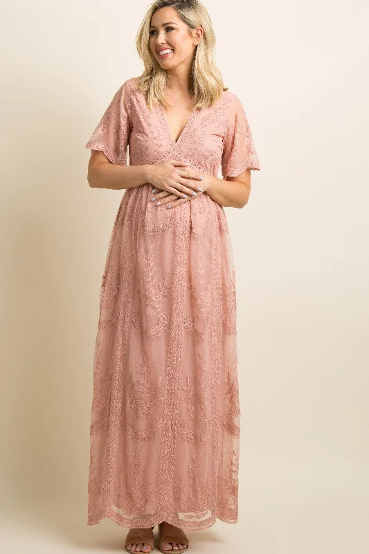 Maternity dress for a city sightseeing trip Light Pink Lace Mesh Overlay Maternity Maxi Dress Maternity dress for a city sightseeing trip Light Pink Lace Mesh Overlay Maternity Maxi Dress