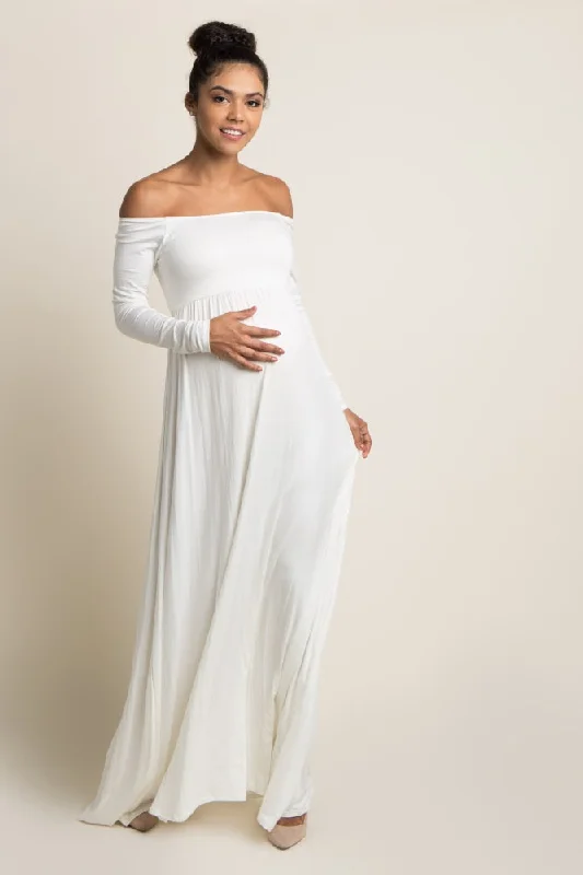 Maternity dress for a New Year's Eve celebration PinkBlush Ivory Solid Off Shoulder Maternity Maxi Dress