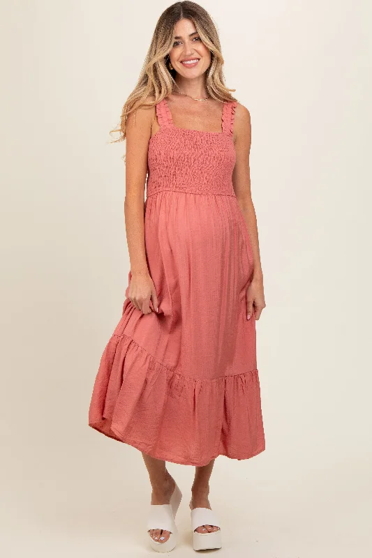 Maternity dress for a family photoshoot Rust Smocked Bodice Maternity Maxi Dress