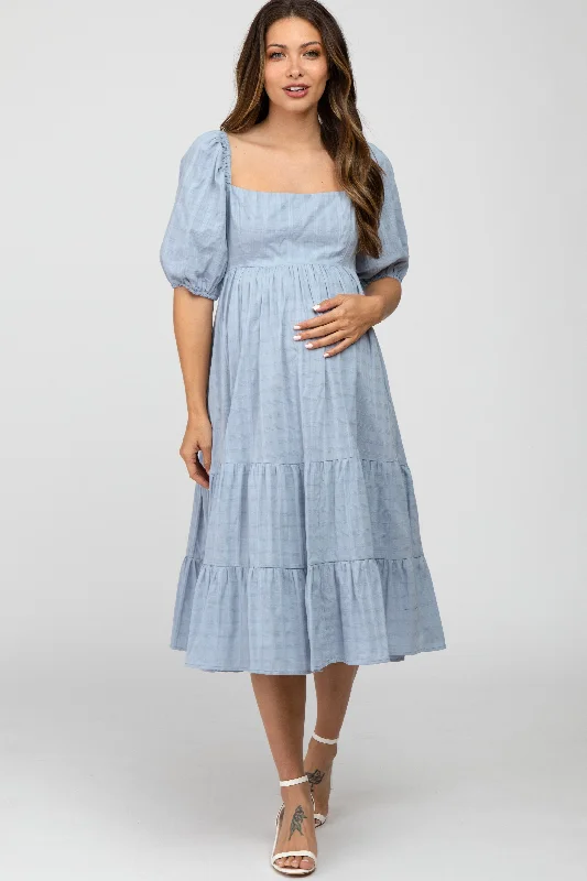 Maternity dress for a baby's first visit to the concert Blue Plaid Square Neck Maternity Midi Dress