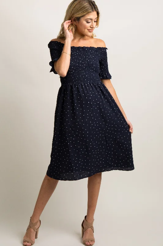 Maternity dress for a baby's first visit to the rose garden Navy Polka Dot Smocked Maternity Dress Maternity dress for a baby's first visit to the rose garden Navy Polka Dot Smocked Maternity Dress