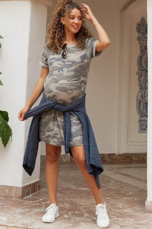Maternity dress for a baby's naming ceremony Olive Camo Cuff Sleeve Maternity Dress
