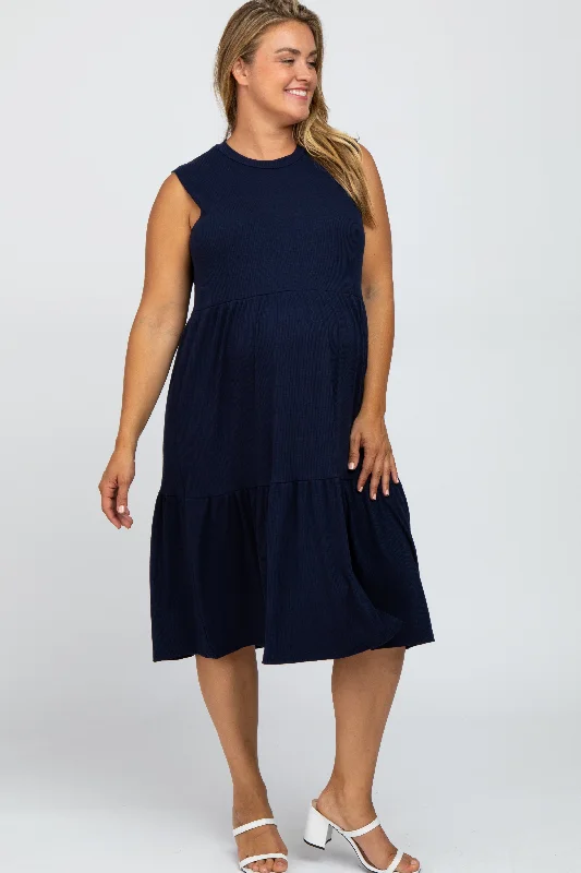 Maternity dress for baby shower with floral pattern Navy Ribbed Sleeveless Plus Maternity Midi Dress