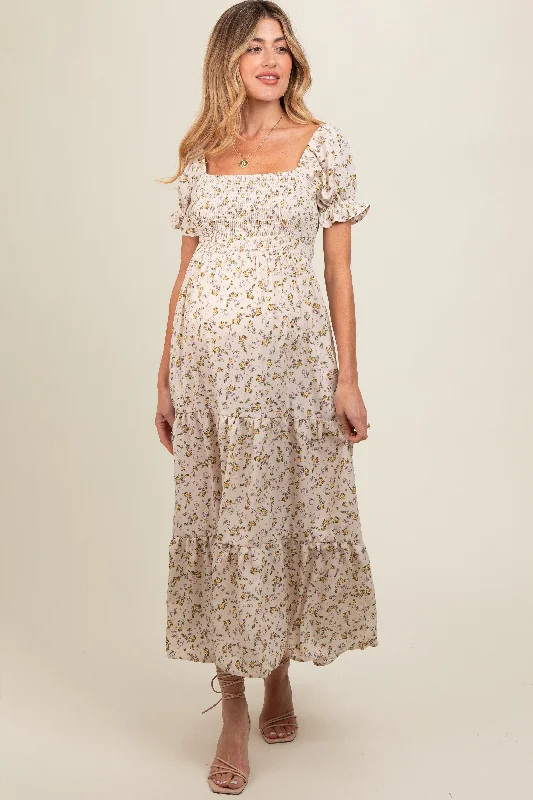 Maternity dress with pockets for convenience Cream Floral Smocked Square Neck Tiered Puff Short Sleeve Maternity Maxi Dress Maternity dress with pockets for convenience Cream Floral Smocked Square Neck Tiered Puff Short Sleeve Maternity Maxi Dress