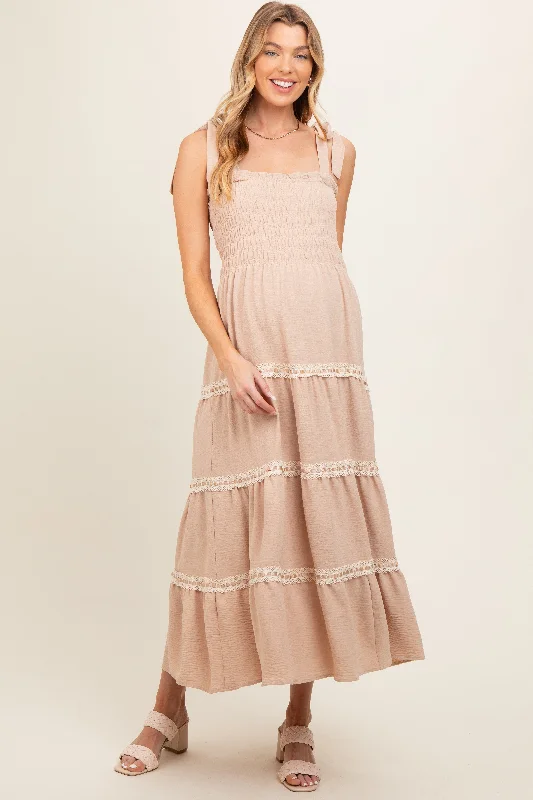 Maternity dress for a baby's first visit to the rooftop garden Taupe Smocked Maternity Maxi Dress