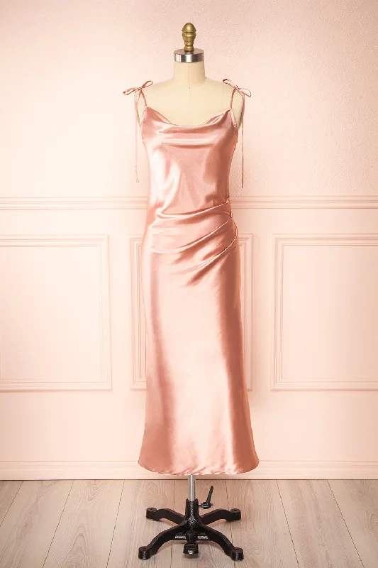 A - line midi dresses with floral prints for spring brunches Elyse Pink | Cowl Neck Midi Dress