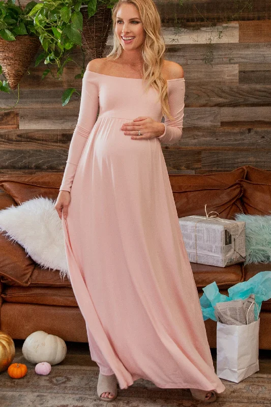 Maternity dress for a baby's first visit to the orchard PinkBlush Petite Pink Solid Off Shoulder Maternity Maxi Dress Maternity dress for a baby's first visit to the orchard PinkBlush Petite Pink Solid Off Shoulder Maternity Maxi Dress