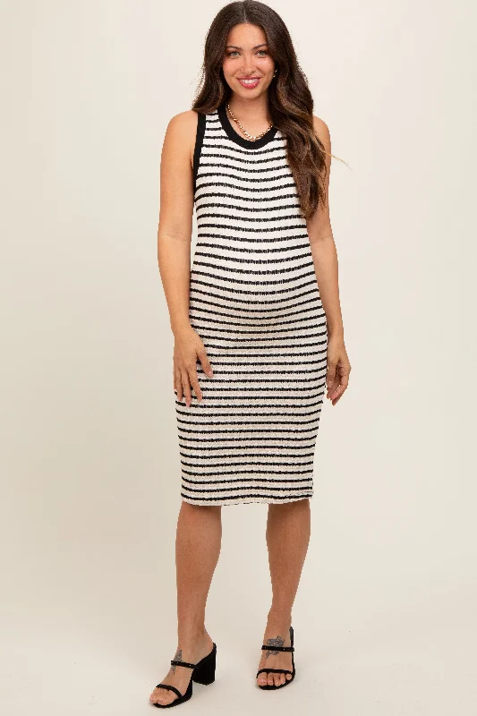 Maternity dress for a baby's first visit to the informal garden Cream Black Striped Sleeveless Fitted Knit Maternity Dress