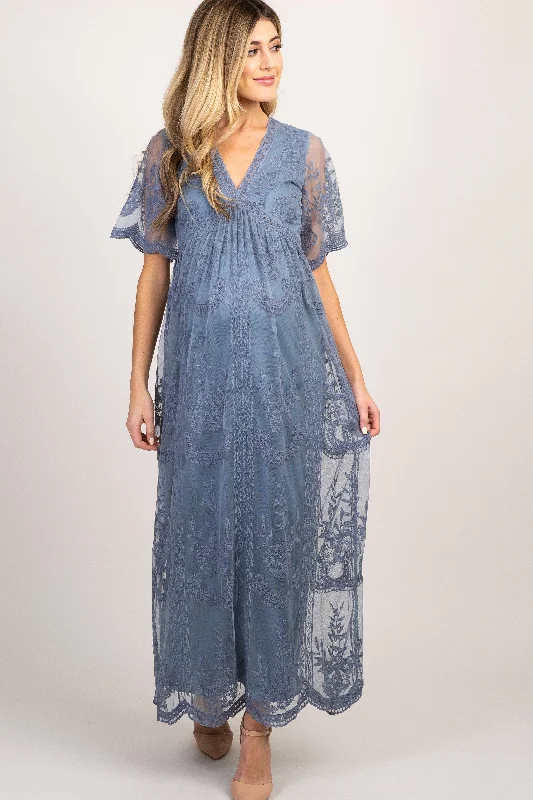 Maternity dress for a baby's first visit to the sensory garden PinkBlush Blue Lace Mesh Overlay Maternity Maxi Dress