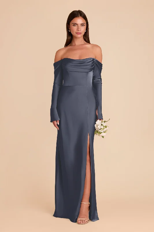 Maternity dress with empire waist for added comfort Maya Matte Satin Dress - Dusk Blue Maternity dress with empire waist for added comfort Maya Matte Satin Dress - Dusk Blue