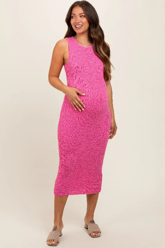 Maternity dress for a movie night out Fuchsia Sleeveless Sweater Knit Maternity Midi Dress