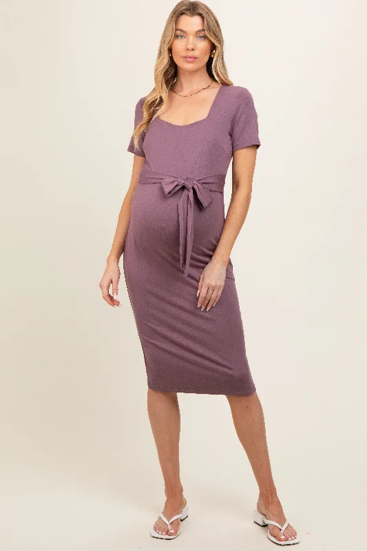 Maternity dress for a baby's first birthday party Purple Square Neck Belted Maternity Midi Dress Maternity dress for a baby's first birthday party Purple Square Neck Belted Maternity Midi Dress