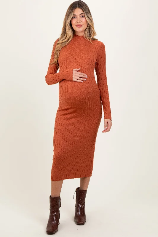 Maternity dress for a garden party Rust Mock Neck Ribbed Maternity Sweater Dress