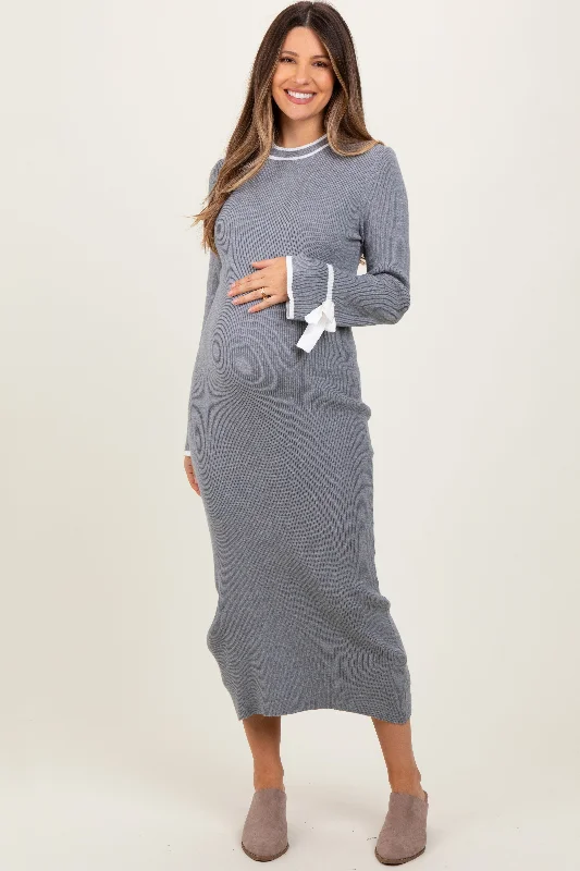 Maternity dress for a family photoshoot Grey Knit Bow Detail Sleeve Maternity Midi Sweater Dress Maternity dress for a family photoshoot Grey Knit Bow Detail Sleeve Maternity Midi Sweater Dress