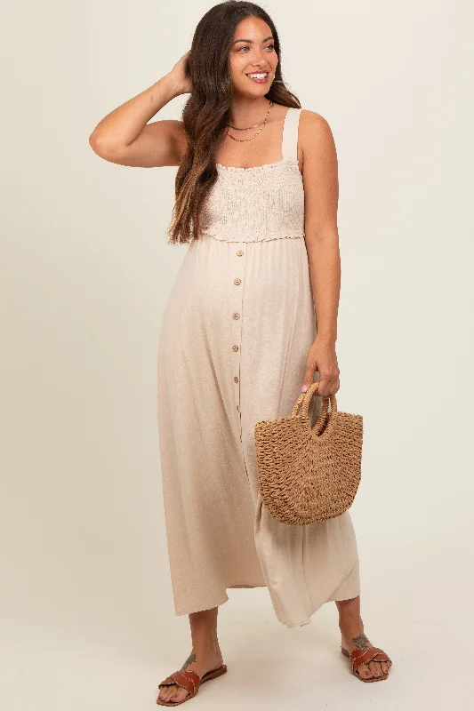 Maternity dress for a baby's first visit to the children's garden Beige Button Down Smocked Maternity Dress Maternity dress for a baby's first visit to the children's garden Beige Button Down Smocked Maternity Dress