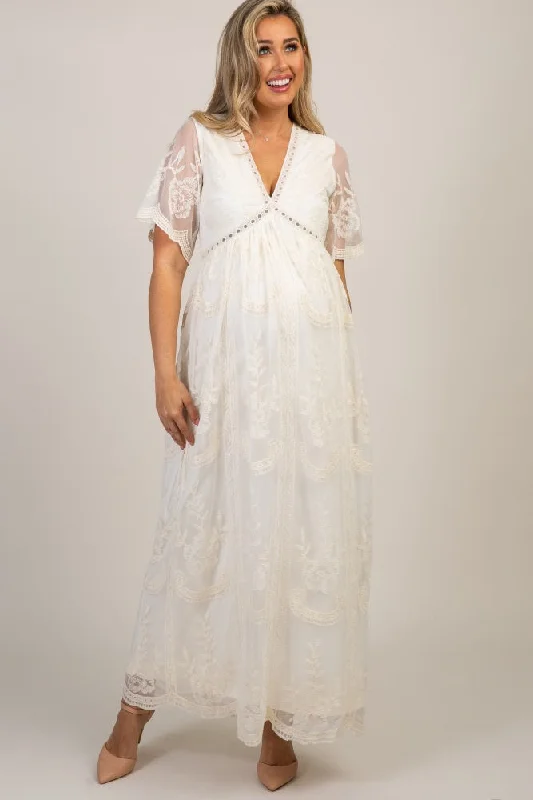 Bohemian style maternity dress for beach weddings PinkBlush Cream Lace Mesh Overlay Maternity Maxi Dress