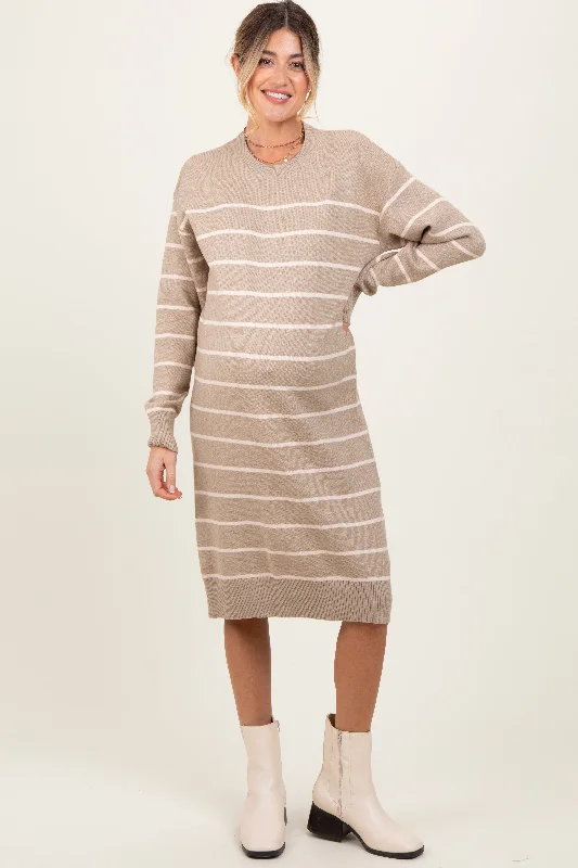 Maternity dress for home - based moms Beige Striped Maternity Midi Sweater Dress