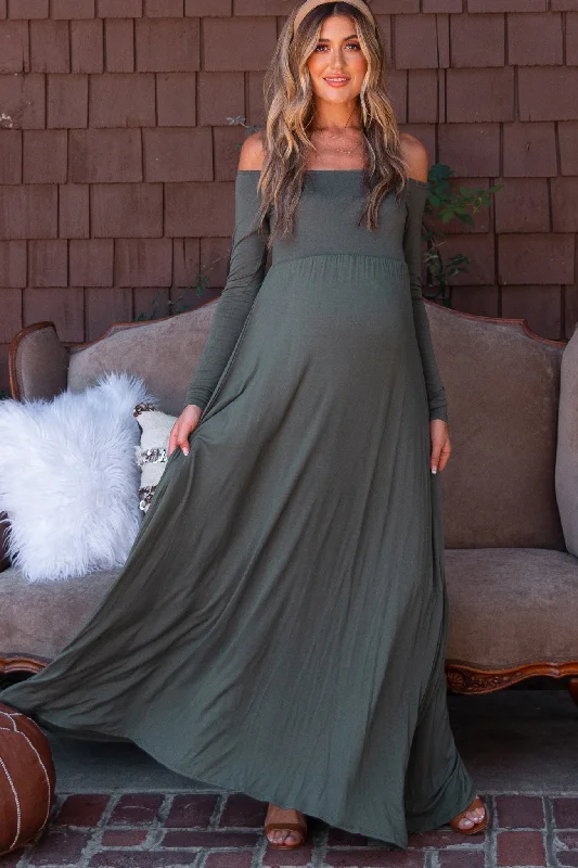 Maternity dress for a baby's first visit to the museum PinkBlush Petite Olive Solid Off Shoulder Maternity Maxi Dress Maternity dress for a baby's first visit to the museum PinkBlush Petite Olive Solid Off Shoulder Maternity Maxi Dress