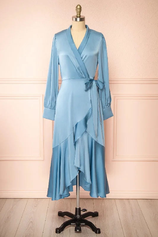 Midi dresses with ruffled hems for a romantic date night Akamari | Long Satin Blue Wrap Dress
