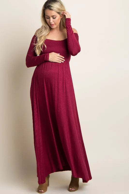 Plus size maternity dress for curvy moms - to - be PinkBlush Petite Dark Burgundy Solid Off Shoulder Maternity Maxi Dress Plus size maternity dress for curvy moms - to - be PinkBlush Petite Dark Burgundy Solid Off Shoulder Maternity Maxi Dress