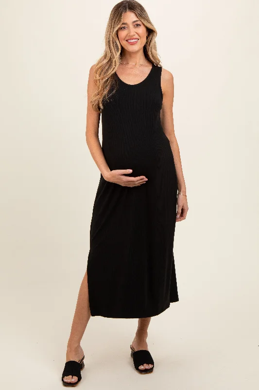Maternity dress for a baby's first visit to the brewery Black Ribbed Sleeveless Maternity Midi Dress