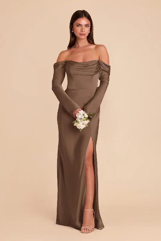 Short sleeve maternity sundress for summer Maya Matte Satin Dress - Mocha