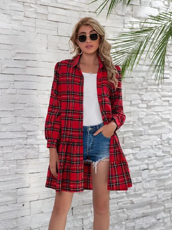 Everyday Dress with Raglan Sleeves for a Comfortable Fit​ Everyday Dress with Solid - color Bodice and Printed Skirt for a Contrast Look​ Shirt Style Checkered Plaid Button Down  Ruffle Hem  Dress with  Long Sleeve
