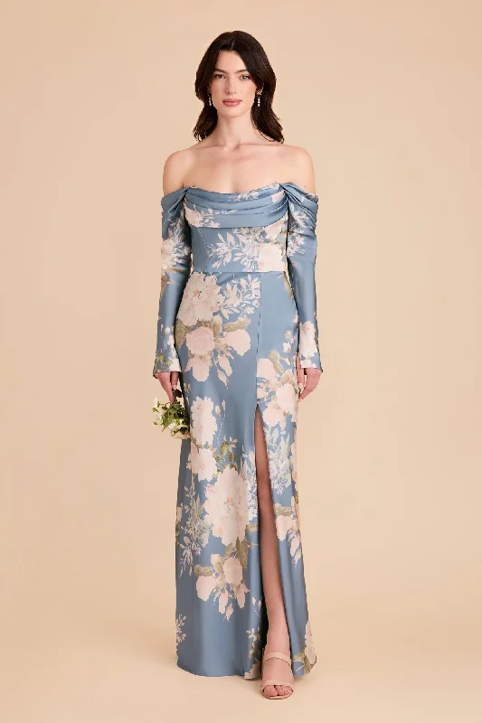 Maternity dress for a baby's first visit to the community garden Maya Matte Satin Dress - Dusty Blue Romantic Bouquet Maternity dress for a baby's first visit to the community garden Maya Matte Satin Dress - Dusty Blue Romantic Bouquet