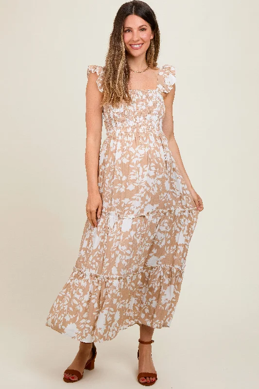 Maternity dress for a baby's first trip to the zoo Beige Ruffle Sleeve Tiered Maternity Maxi Dress Maternity dress for a baby's first trip to the zoo Beige Ruffle Sleeve Tiered Maternity Maxi Dress