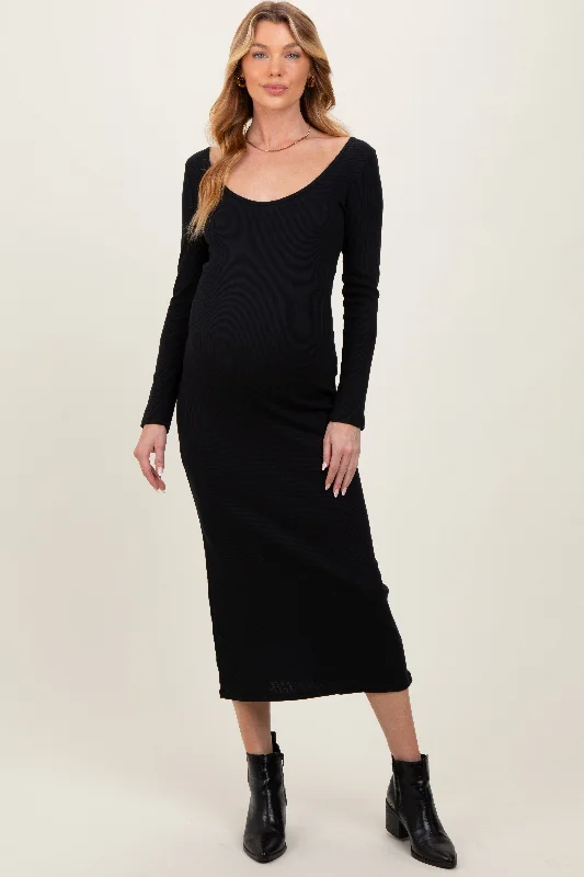 Maternity dress for a fall harvest festival Black Scoop Neck Long Sleeve Maternity Midi Dress Maternity dress for a fall harvest festival Black Scoop Neck Long Sleeve Maternity Midi Dress