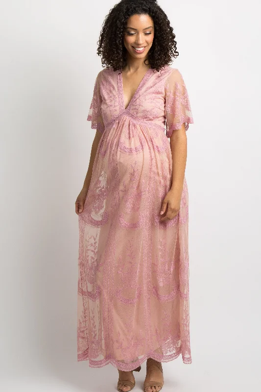Maternity dress for a baby's first visit to the herb garden Pink Lace Mesh Overlay Maternity Maxi Dress Maternity dress for a baby's first visit to the herb garden Pink Lace Mesh Overlay Maternity Maxi Dress