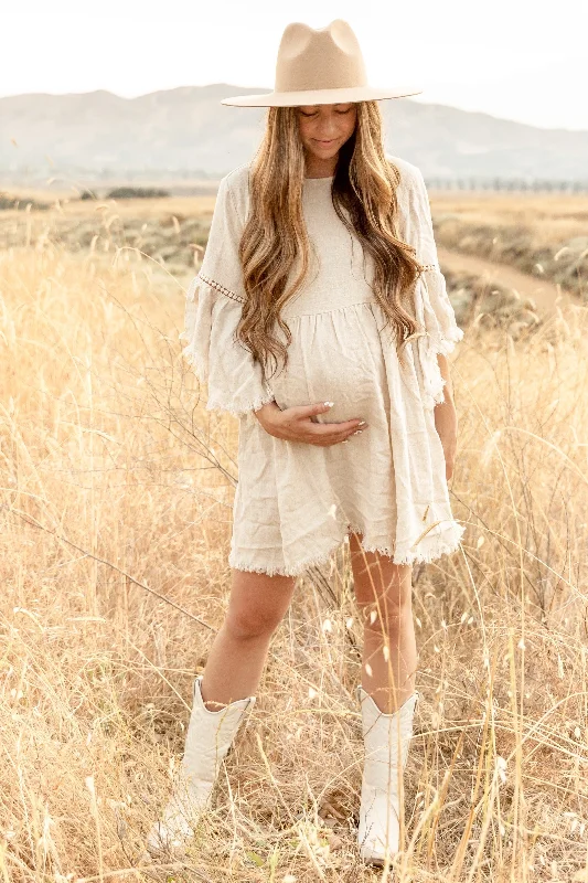 Maternity dress for a baby's first visit to the vegetable garden Beige Raw Edge Bell Sleeve Babydoll Maternity Dress