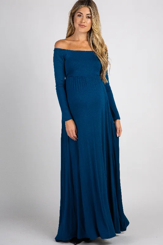 Maternity dress for a baby's first visit to the rooftop garden PinkBlush Dark Teal Solid Off Shoulder Maternity Maxi Dress Maternity dress for a baby's first visit to the rooftop garden PinkBlush Dark Teal Solid Off Shoulder Maternity Maxi Dress