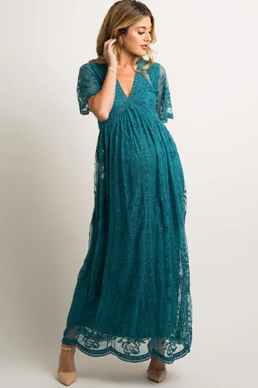 Maternity dress with pockets for convenience PinkBlush Teal Lace Mesh Overlay Maternity Maxi Dress Maternity dress with pockets for convenience PinkBlush Teal Lace Mesh Overlay Maternity Maxi Dress