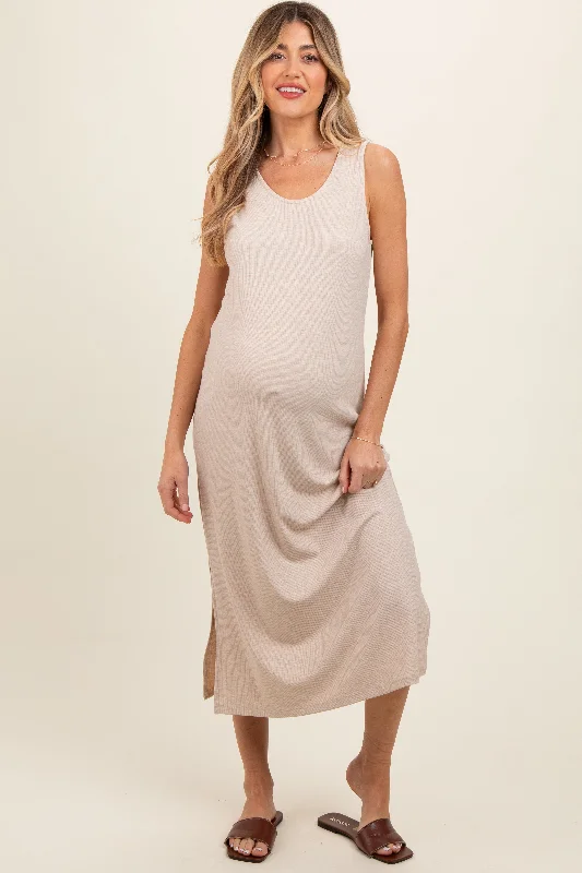 Maternity dress for a baby's first visit to the beach Beige Ribbed Sleeveless Maternity Midi Dress Maternity dress for a baby's first visit to the beach Beige Ribbed Sleeveless Maternity Midi Dress