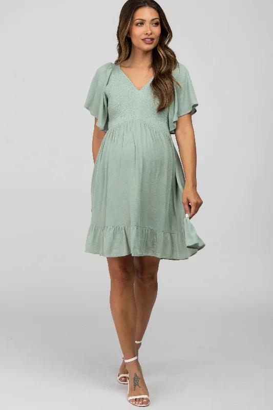 Maternity dress for a christening Mint Green Smocked Front Ruffle Hem Maternity Dress