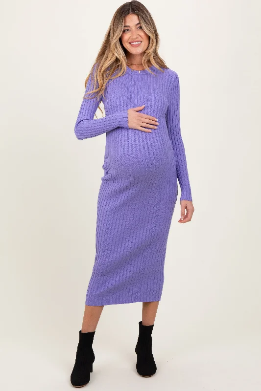 Maternity dress for a baby's first visit to the Japanese garden Lavender Contrast Ribbed Knit Maternity Midi Dress