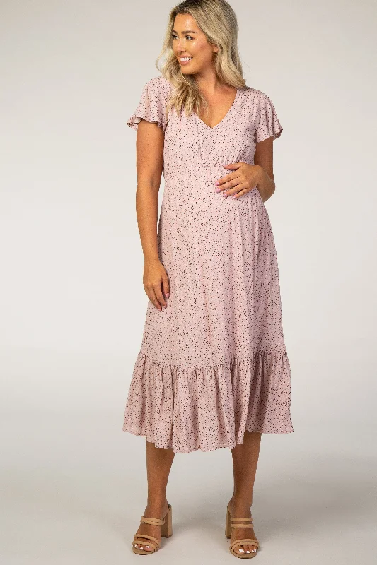 Maternity dress for a baby's first plane ride Pink Dot Print Ruffle Maternity Midi Dress Maternity dress for a baby's first plane ride Pink Dot Print Ruffle Maternity Midi Dress