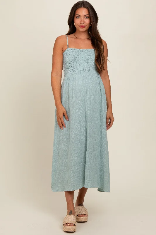 Maternity dress for a mountain getaway Light Olive Smocked Cotton Gauze Maternity Midi Dress Maternity dress for a mountain getaway Light Olive Smocked Cotton Gauze Maternity Midi Dress