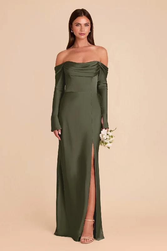 Maternity dress for a baby's first visit to the forest Maya Matte Satin Dress - Olive Maternity dress for a baby's first visit to the forest Maya Matte Satin Dress - Olive