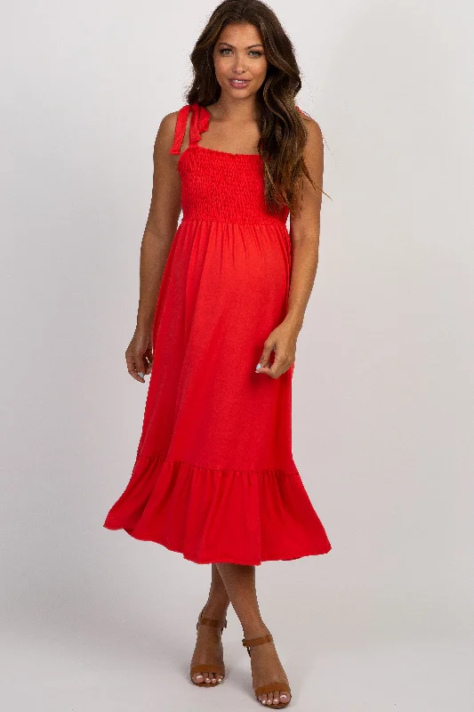 Maternity dress for a baby's first trip to the zoo PinkBlush Red Solid Self-Tie Smocked Maternity Midi Dress Maternity dress for a baby's first trip to the zoo PinkBlush Red Solid Self-Tie Smocked Maternity Midi Dress