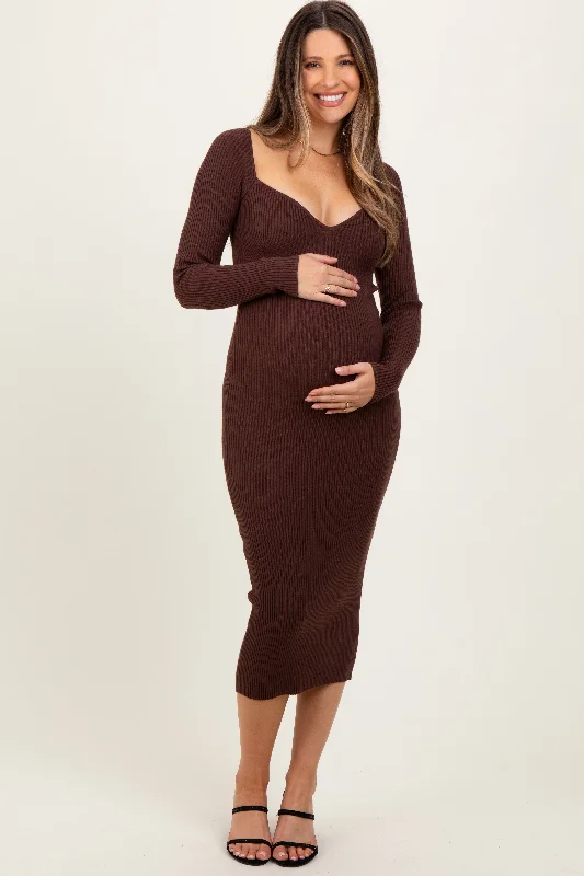 Maternity dress for a baby's first visit to the nature reserve Brown Deep V-Neck Maternity Midi Sweater Dress Maternity dress for a baby's first visit to the nature reserve Brown Deep V-Neck Maternity Midi Sweater Dress