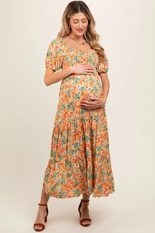 Maternity dress for a baby's first visit to the magic show Peach Floral Smocked Tiered Maternity Midi Dress