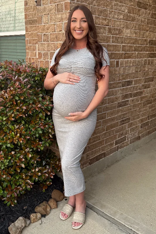 Maternity dress for a tea party Heather Grey Ruched Bust Short Sleeve Maternity Maxi Dress Maternity dress for a tea party Heather Grey Ruched Bust Short Sleeve Maternity Maxi Dress