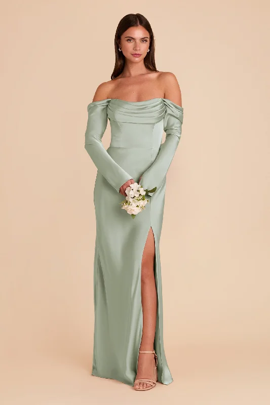 Maternity dress for a baby's first visit to the magic show Maya Matte Satin Dress - Sage Maternity dress for a baby's first visit to the magic show Maya Matte Satin Dress - Sage